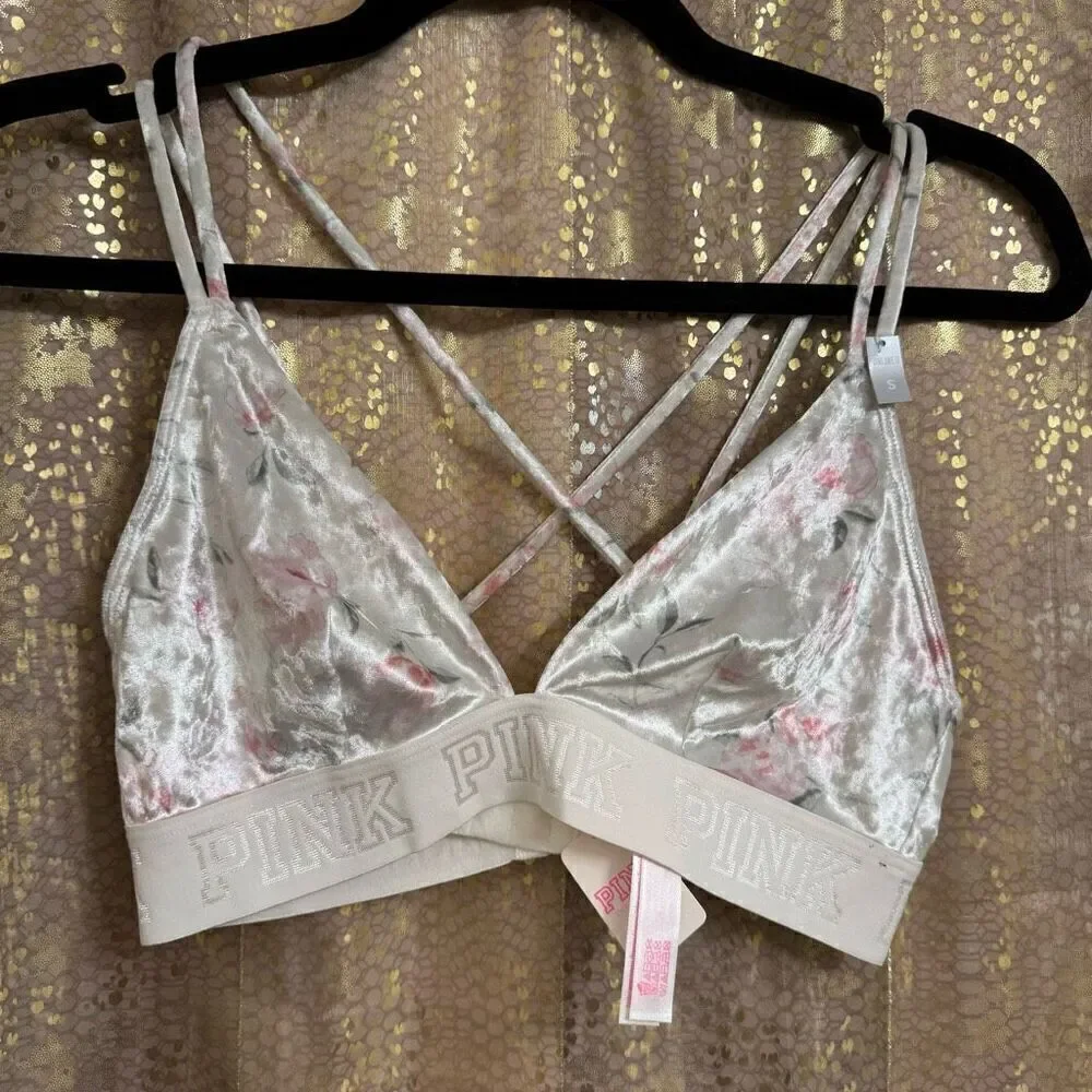 PINK Victorias Secret White Floral Velvet Triangle Strappy Bralette Small‎ NWT